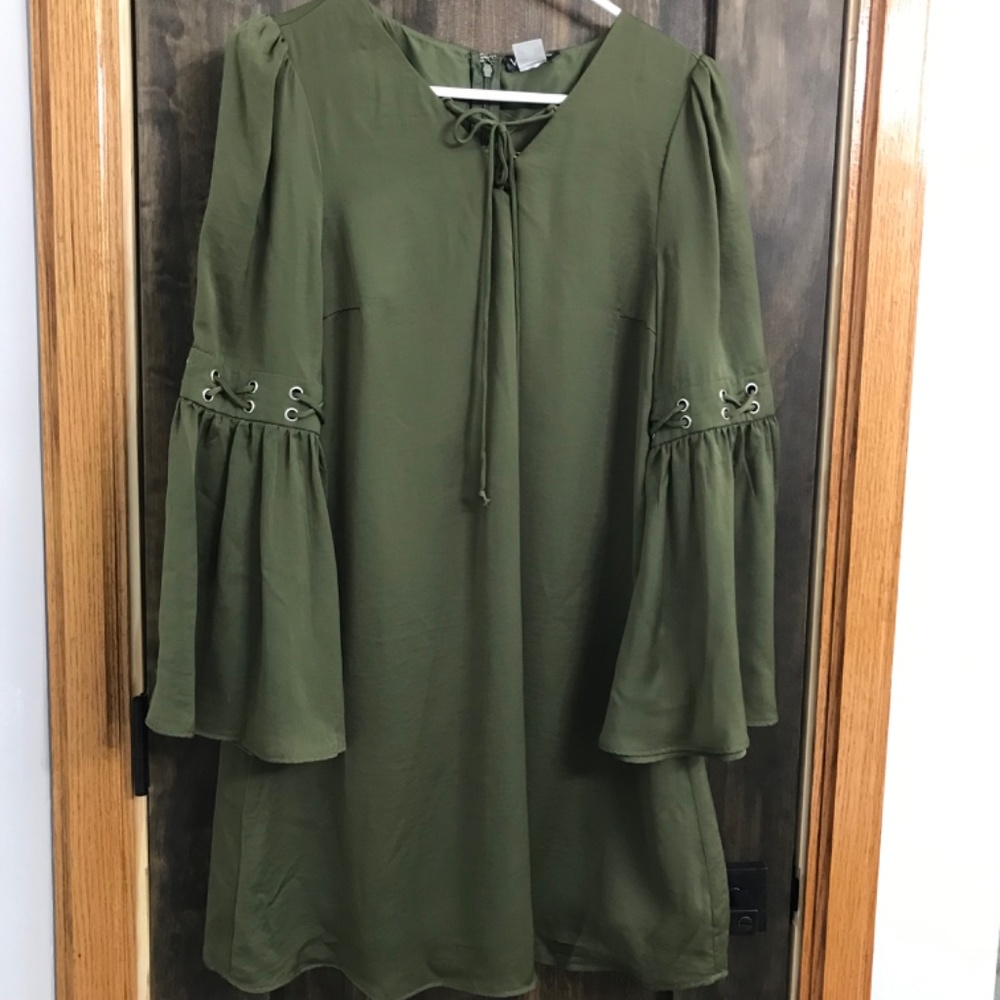 Venus olive dress with bell sleeves and grommet embellishments, size S